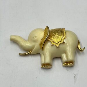 Large Elephant Good Luck Vintage Faux Ivory Resin Gold Tone Brooch Pendant